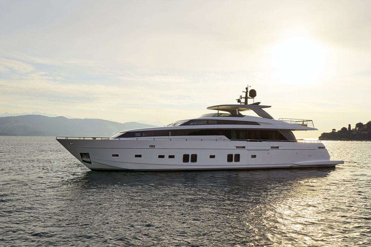 Exterior view of Dinaia, a Sanlorenzo Yacht SL106 yacht at Athens, Flisvos Delta marina, Greece