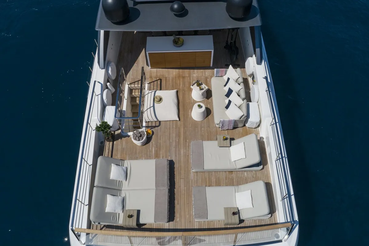 Deck of Dinaia, a Sanlorenzo Yacht SL106 yacht at Athens, Flisvos Delta marina, Greece