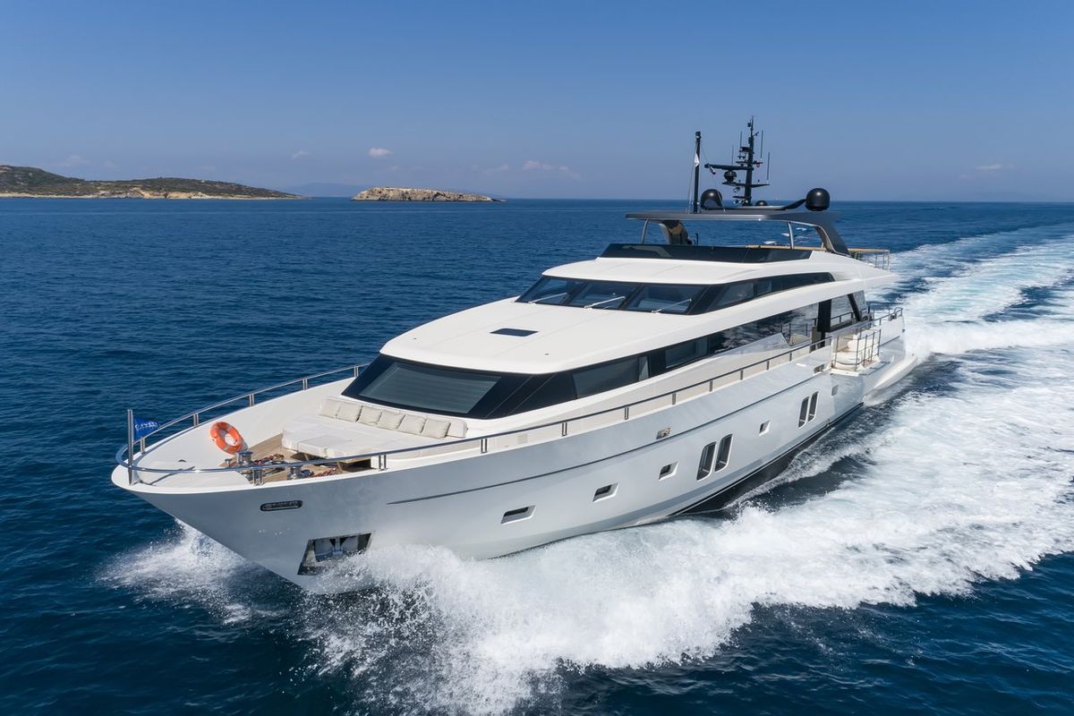 Exterior view of Dinaia, a Sanlorenzo Yacht SL106 yacht at Athens, Flisvos Delta marina, Greece