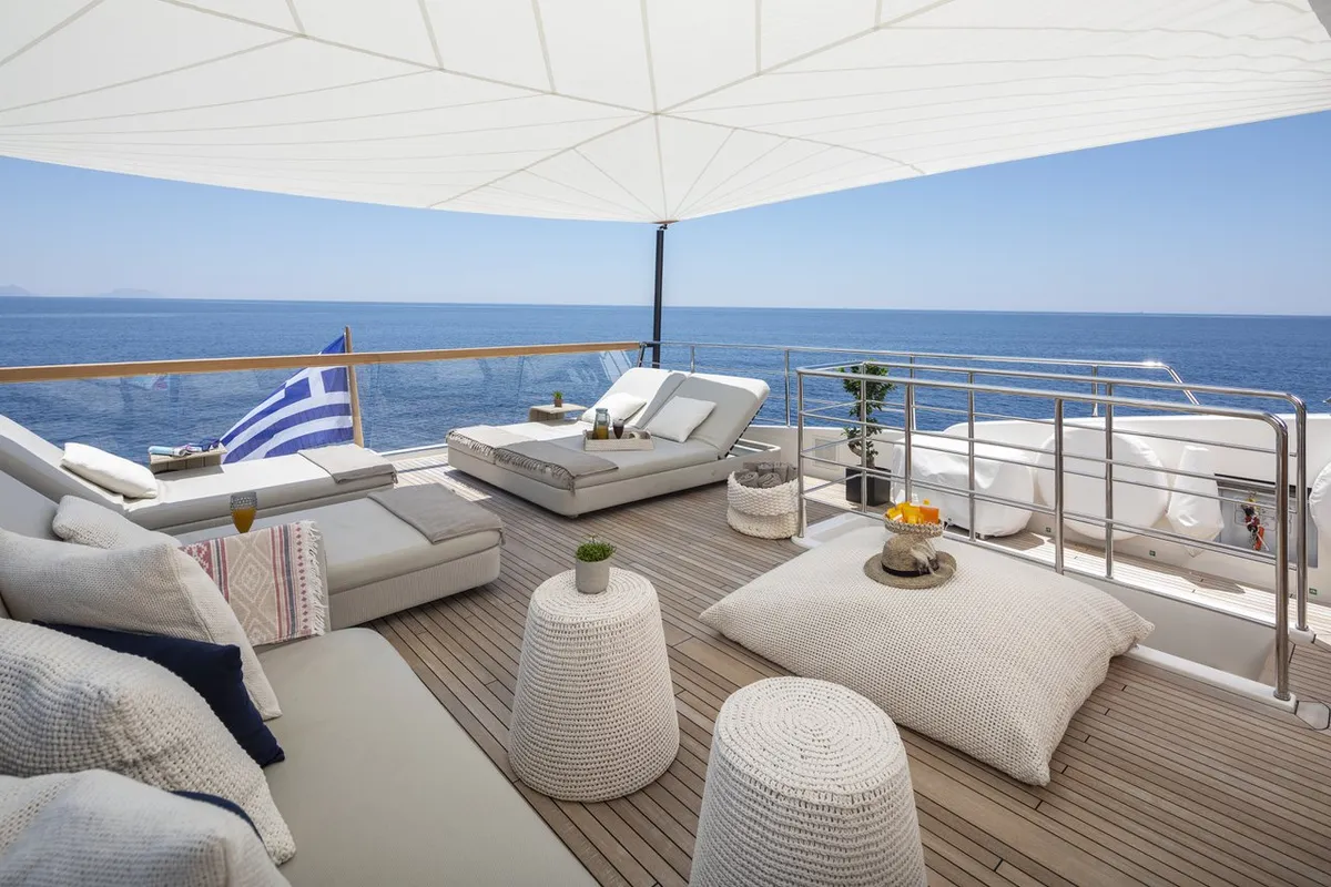 Deck of Dinaia, a Sanlorenzo Yacht SL106 yacht at Athens, Flisvos Delta marina, Greece