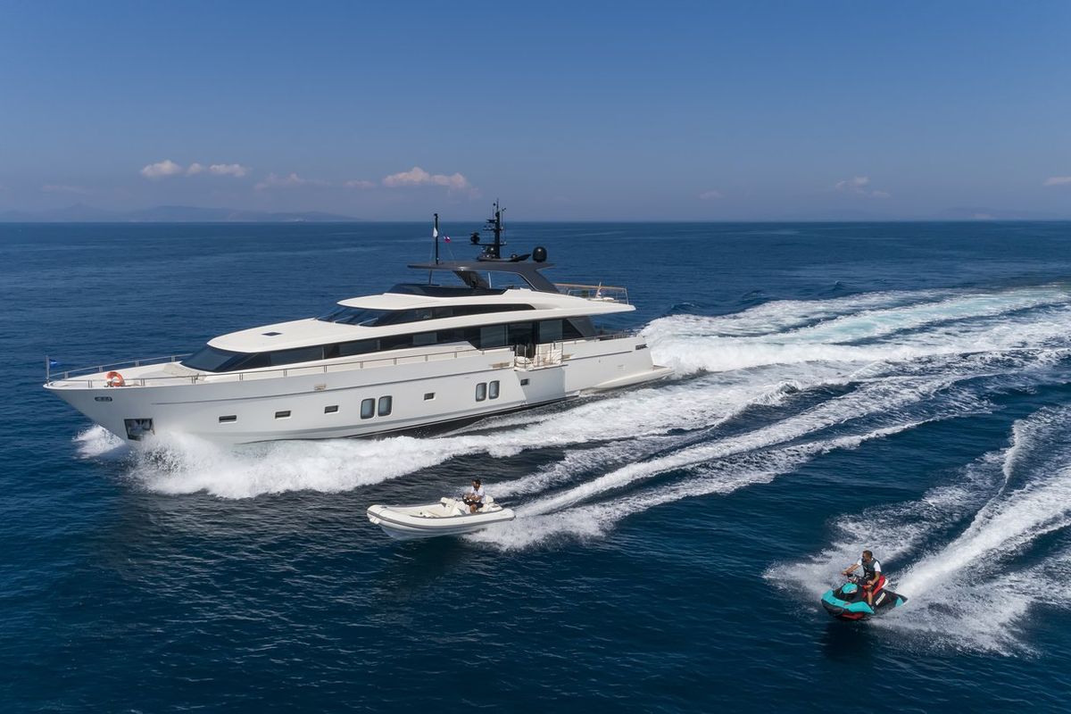 Exterior view of Dinaia, a Sanlorenzo Yacht SL106 yacht at Athens, Flisvos Delta marina, Greece