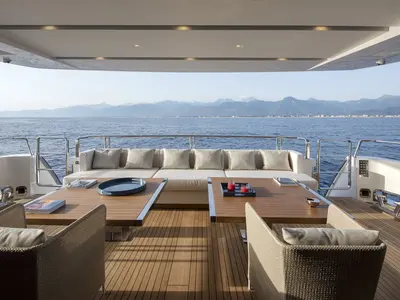 Deck of Dinaia, a Sanlorenzo Yacht SL106 yacht at Athens, Flisvos Delta marina, Greece