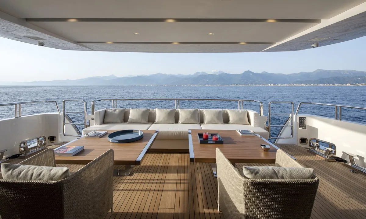 Deck of Dinaia, a Sanlorenzo Yacht SL106 yacht at Athens, Flisvos Delta marina, Greece