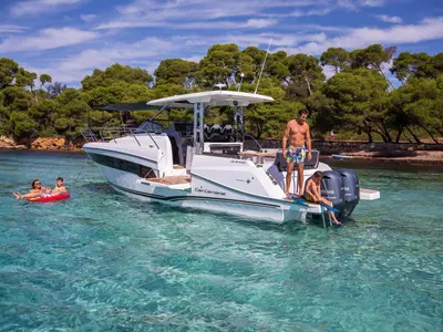 Exterior view of New York New York, a Jeanneau Cap Camarat 10.5 WA motorboat at Dubrovnik, Croatia