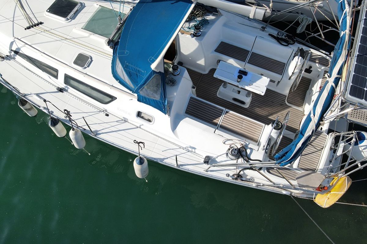Exterior view of Panic, a Jeanneau Sun Odyssey 40 sailboat at Athens, Marina Delta Kallithea, Greece
