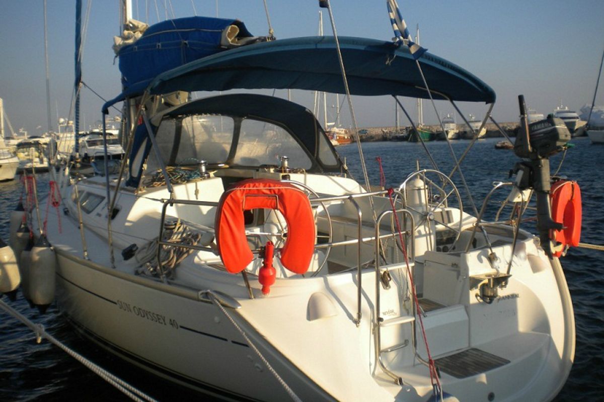 Exterior view of Panic, a Jeanneau Sun Odyssey 40 sailboat at Athens, Marina Delta Kallithea, Greece