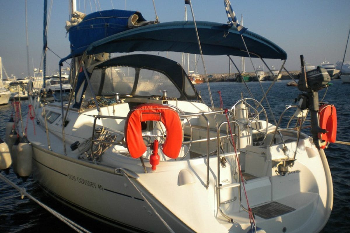Exterior view of Panic, a Jeanneau Sun Odyssey 40 sailboat at Athens, Marina Delta Kallithea, Greece