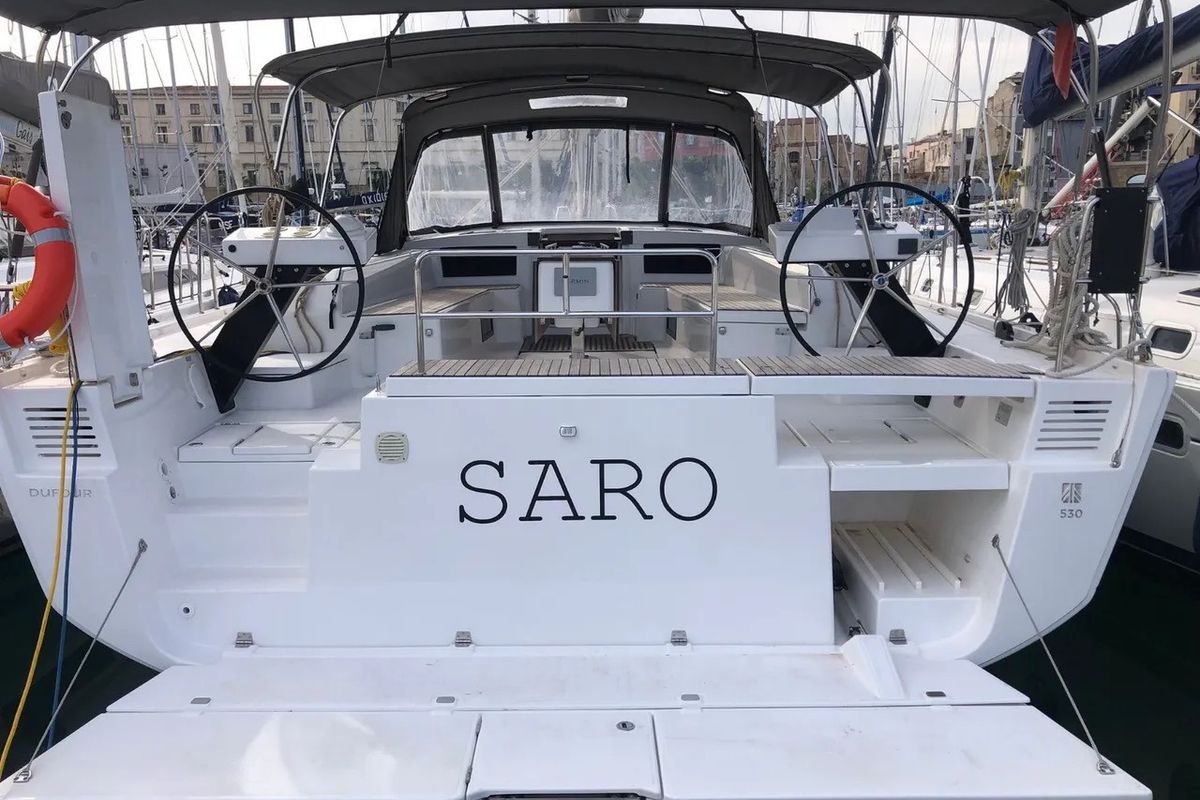Exterior view of Saro, a Dufour 530 sailboat at Procida, Italy