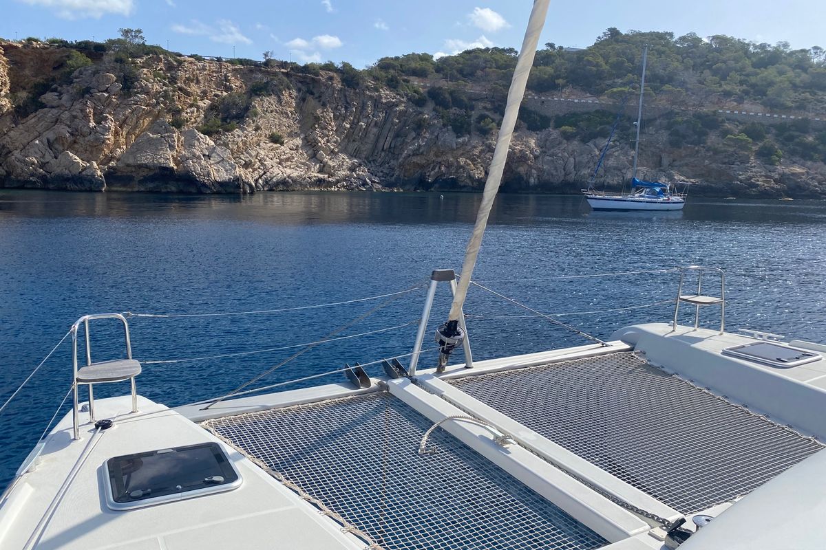 Deck of Genista II, a Lagoon 42 catamaran at Sant Antoni de Portmany, Spain