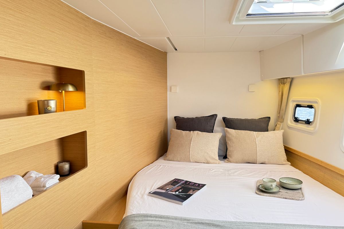 Cabin on Genista II, a Lagoon 42 catamaran at Sant Antoni de Portmany, Spain