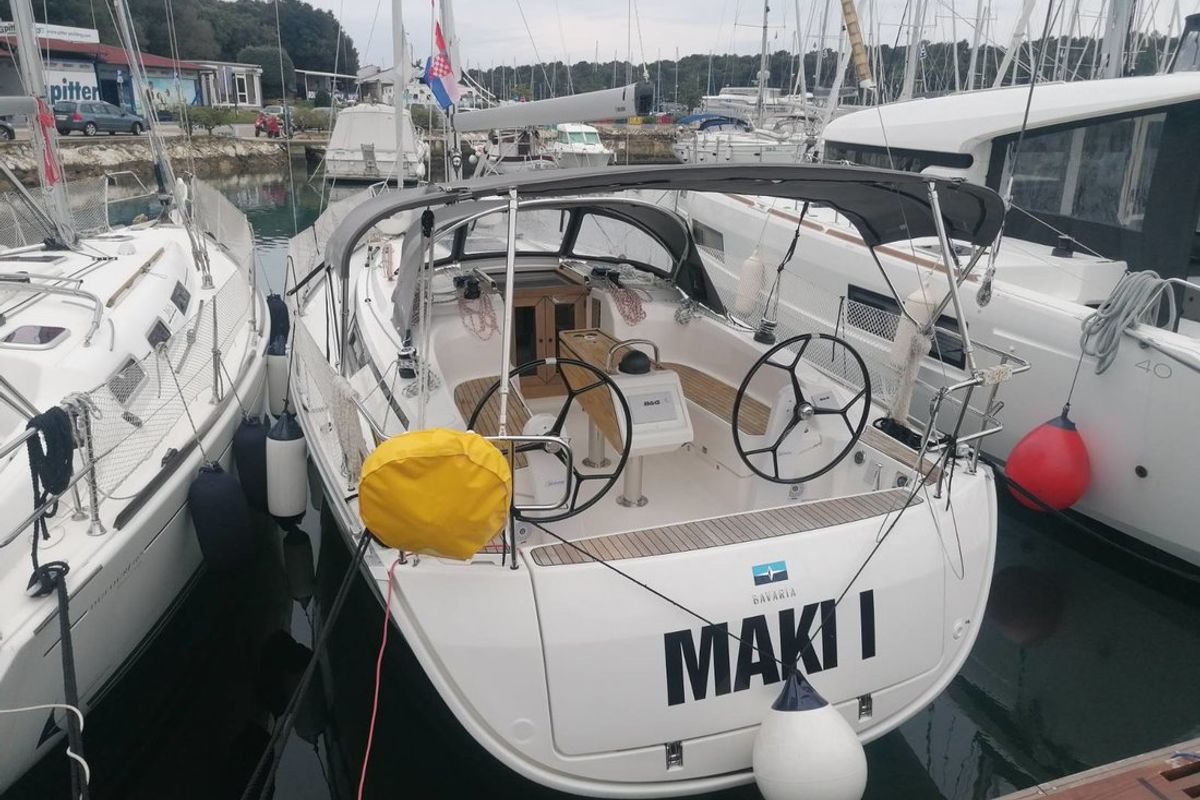 Exterior view of Maki I, a Bavaria Cruiser 34 sailboat at Grad Pula, Croatia