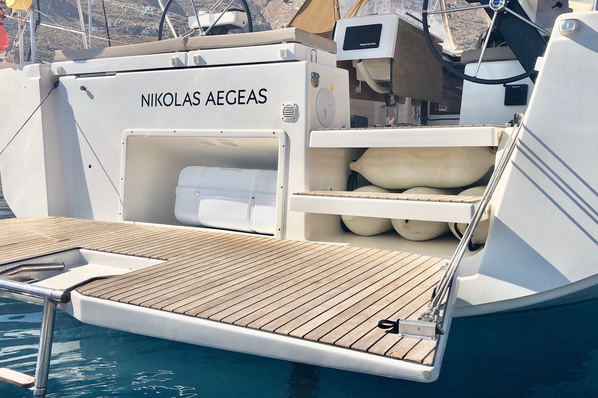 Deck of Nikolas-Aegeas, a Dufour 430 sailboat at Kos, Greece