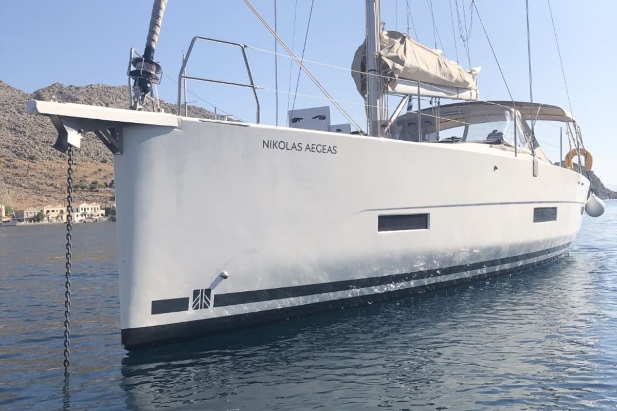 Exterior view of Nikolas-Aegeas, a Dufour 430 sailboat at Kos, Greece