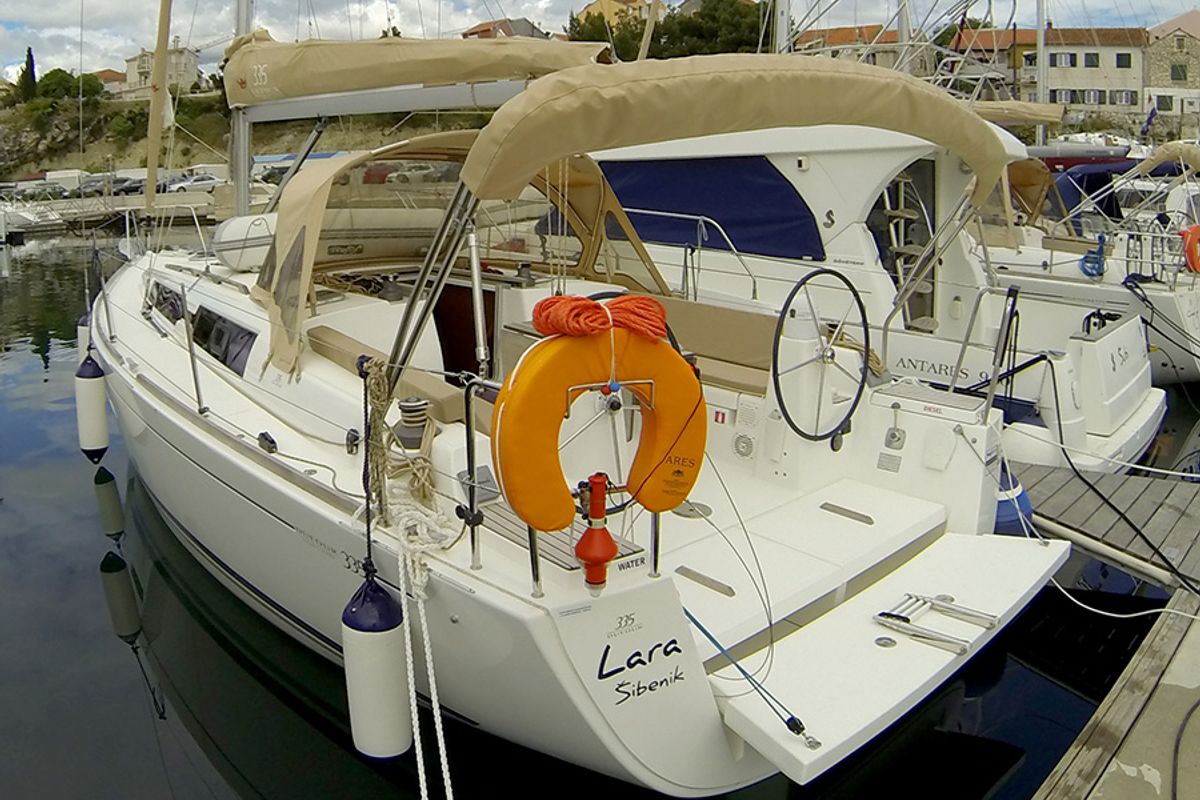 Exterior view of Lara, a Dufour 335 GL sailboat at Grad Šibenik, Croatia