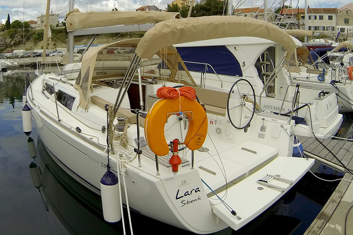 Exterior view of Lara, a Dufour 335 GL sailboat at Grad Šibenik, Croatia