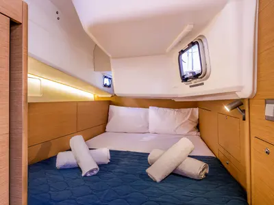 Cabin on Barracuda, a Jeanneau Sun Odyssey 410 sailboat at Benitses, Greece