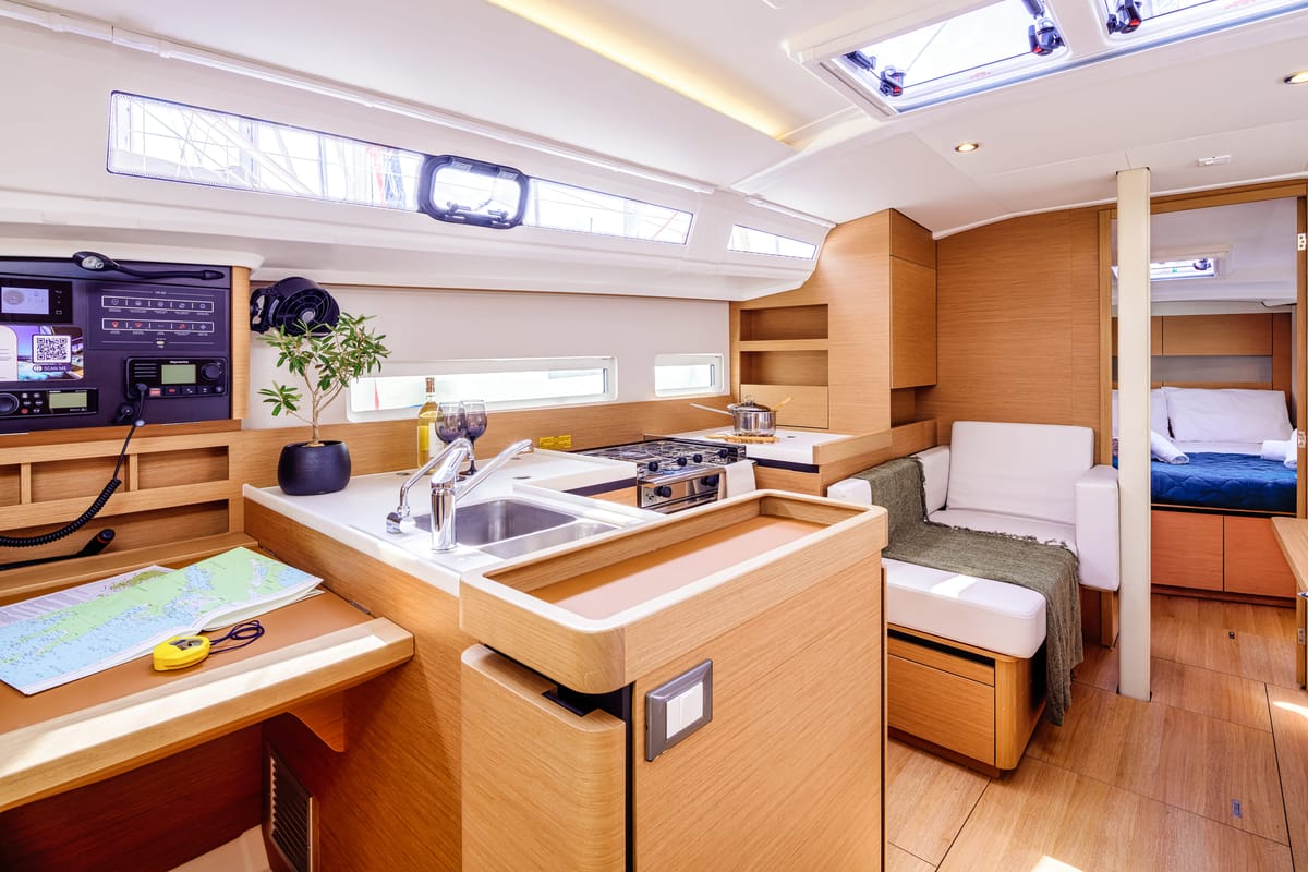 Galley of Barracuda, a Jeanneau Sun Odyssey 410 sailboat at Benitses, Greece