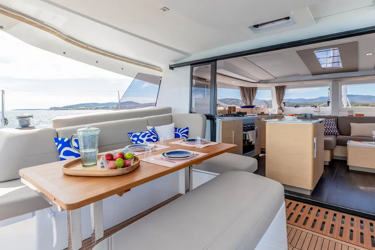 Deck of Sofija, a Fountaine Pajot FP 44 Quatuor catamaran at Grad Pula, Croatia