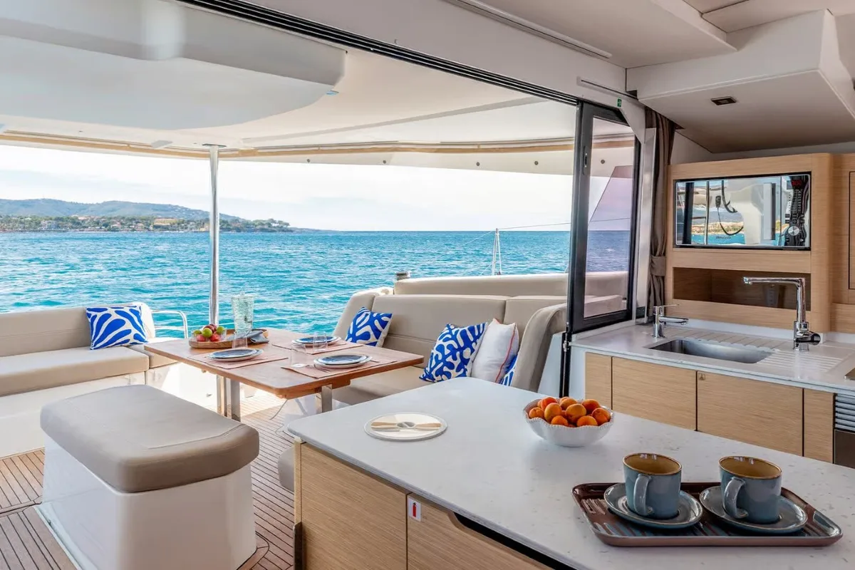 Deck of Sofija, a Fountaine Pajot FP 44 Quatuor catamaran at Grad Pula, Croatia