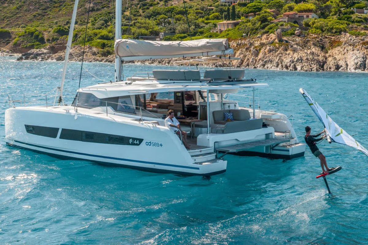 Exterior view of Sofija, a Fountaine Pajot FP 44 Quatuor catamaran at Grad Pula, Croatia