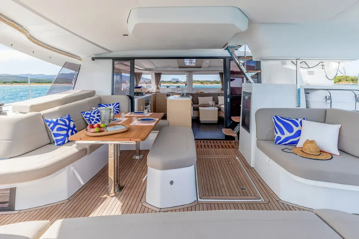 Deck of Sofija, a Fountaine Pajot FP 44 Quatuor catamaran at Grad Pula, Croatia