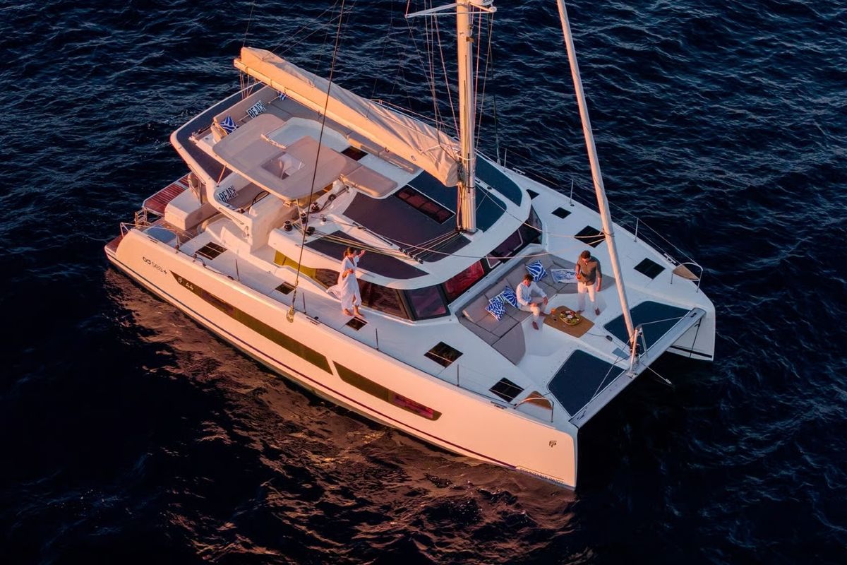 Exterior view of Sofija, a Fountaine Pajot FP 44 Quatuor catamaran at Grad Pula, Croatia