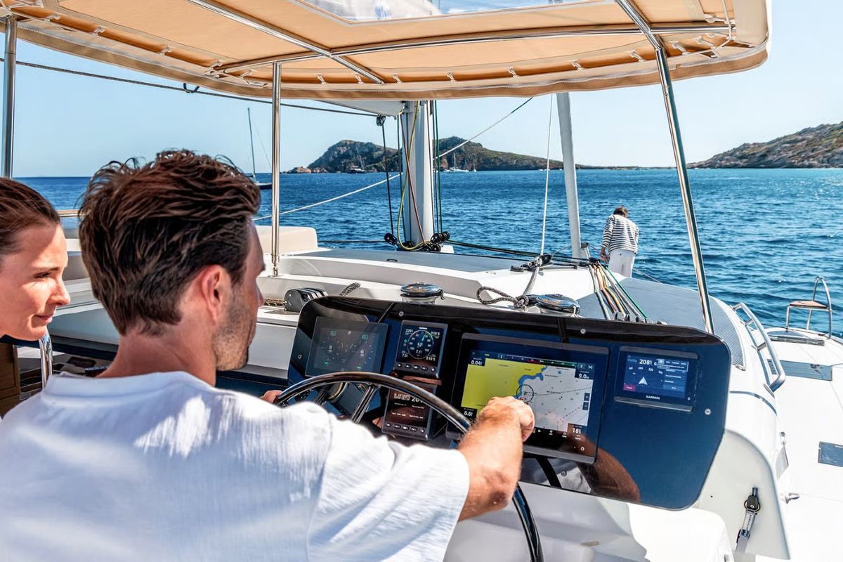 Cockpit of Sofija, a Fountaine Pajot FP 44 Quatuor catamaran at Grad Pula, Croatia