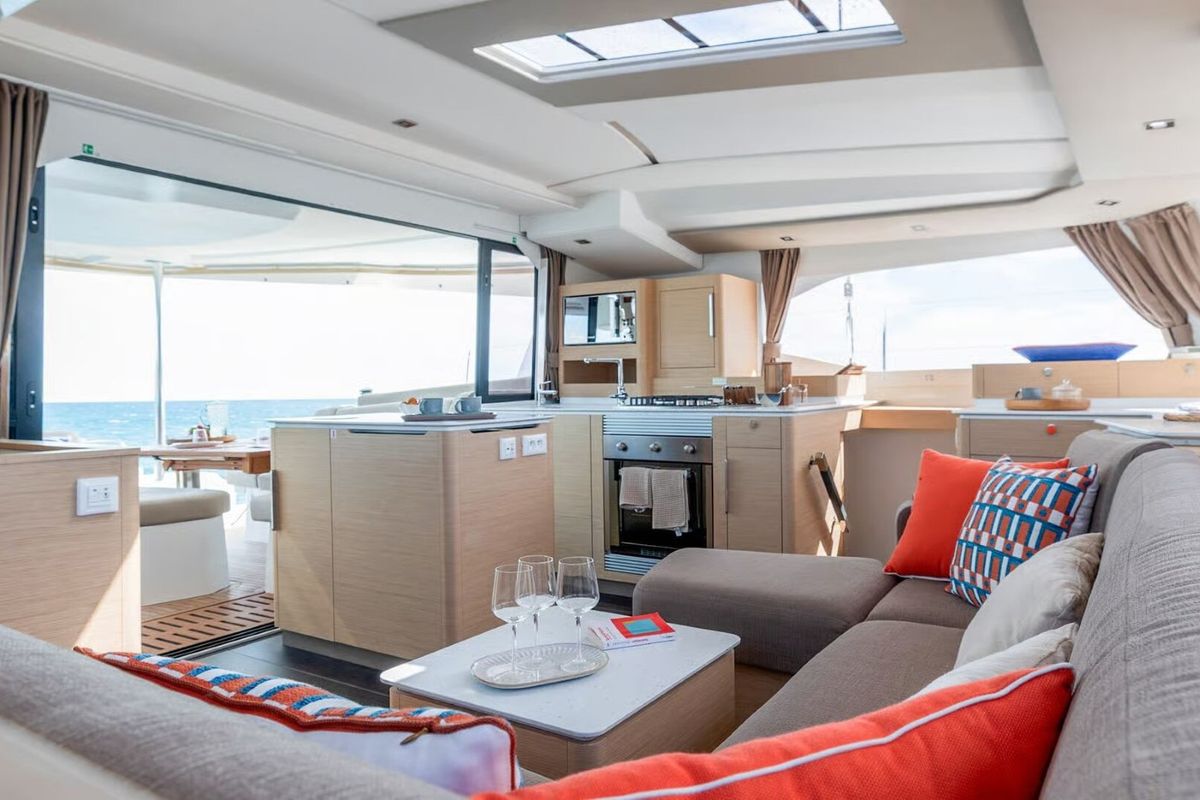Salon of Sofija, a Fountaine Pajot FP 44 Quatuor catamaran at Grad Pula, Croatia