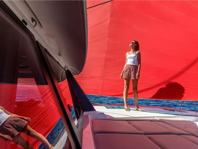 Deck of Sofija, a Fountaine Pajot FP 44 Quatuor catamaran at Grad Pula, Croatia