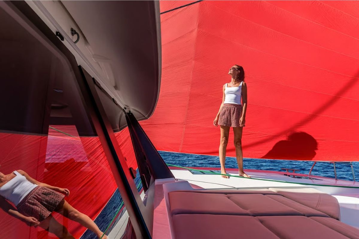 Deck of Sofija, a Fountaine Pajot FP 44 Quatuor catamaran at Grad Pula, Croatia