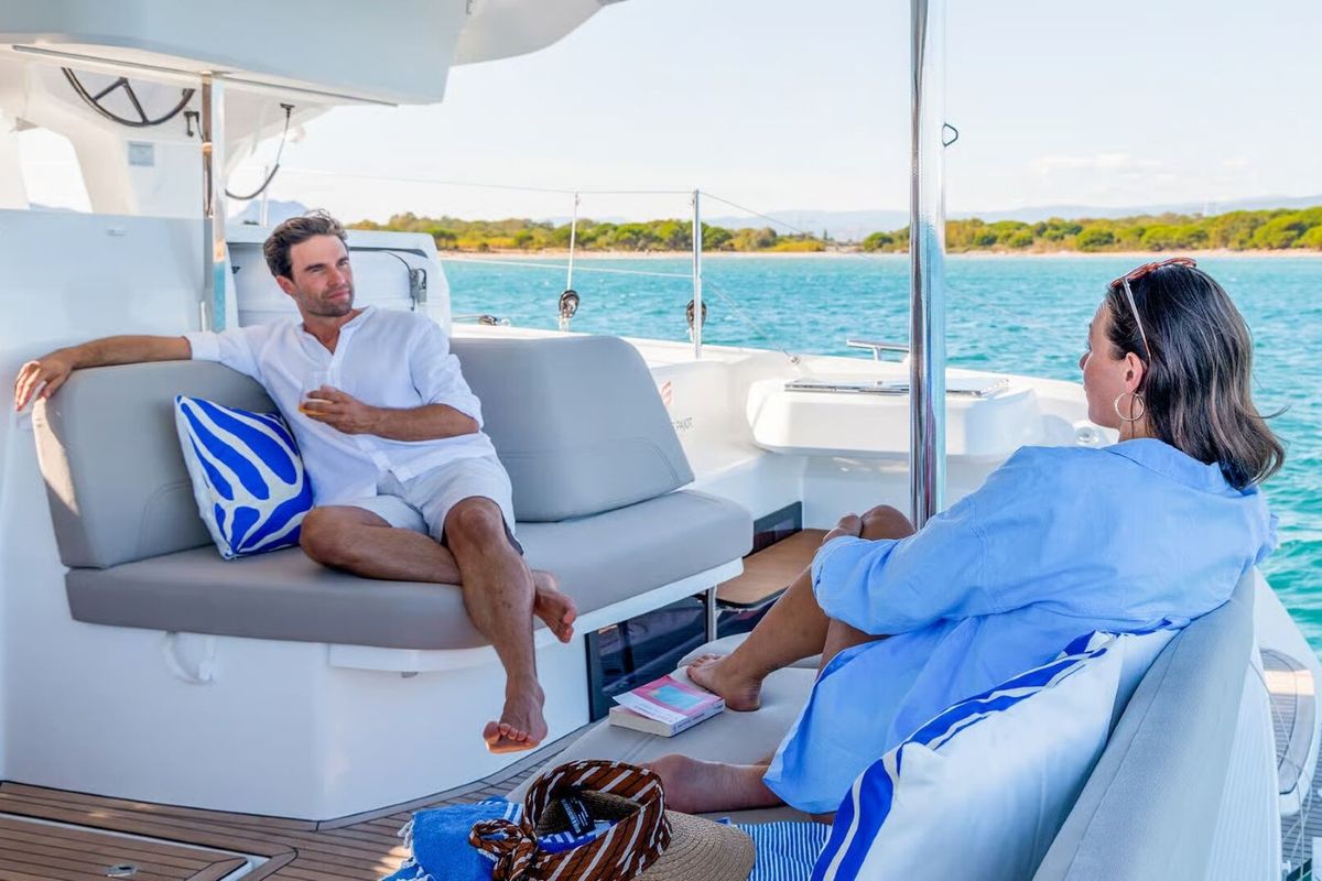Deck of Sofija, a Fountaine Pajot FP 44 Quatuor catamaran at Grad Pula, Croatia