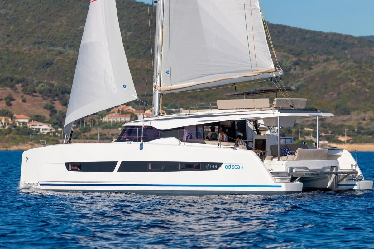 Exterior view of Sofija, a Fountaine Pajot FP 44 Quatuor catamaran at Grad Pula, Croatia