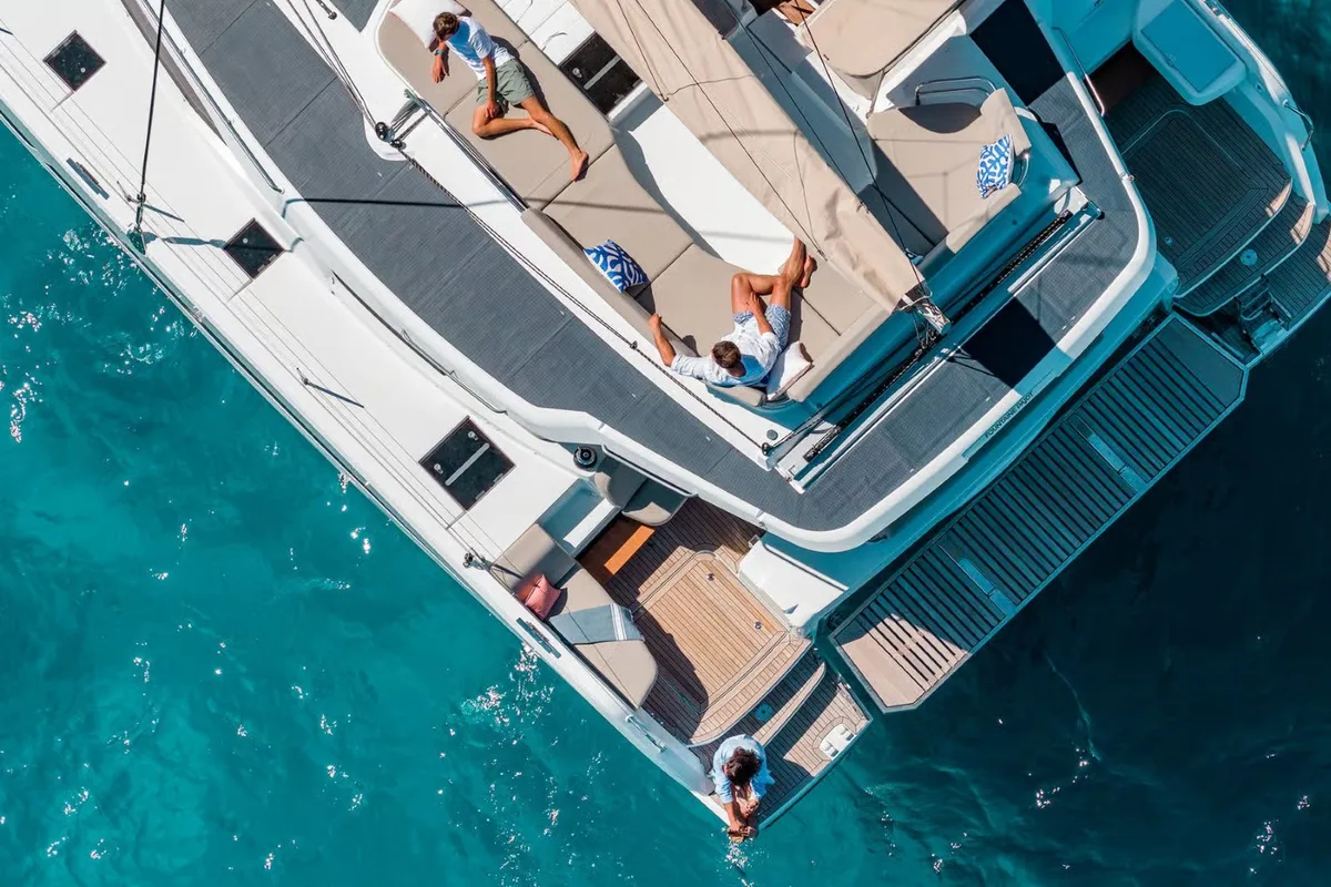 Deck of Sofija, a Fountaine Pajot FP 44 Quatuor catamaran at Grad Pula, Croatia