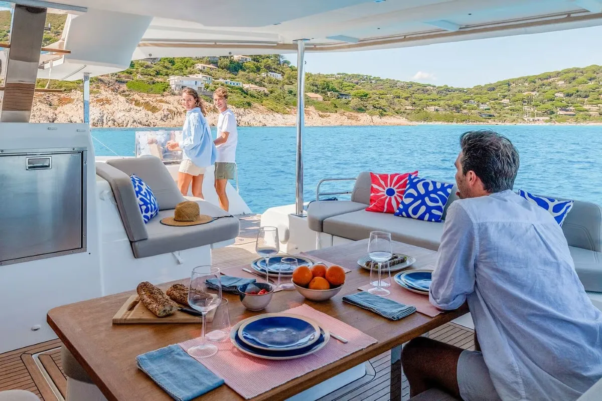 Deck of Sofija, a Fountaine Pajot FP 44 Quatuor catamaran at Grad Pula, Croatia