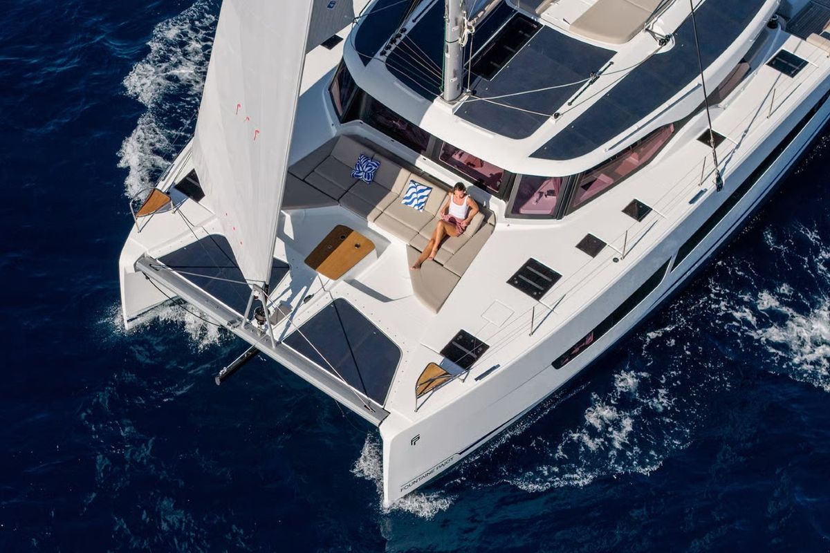 Exterior view of Sofija, a Fountaine Pajot FP 44 Quatuor catamaran at Grad Pula, Croatia