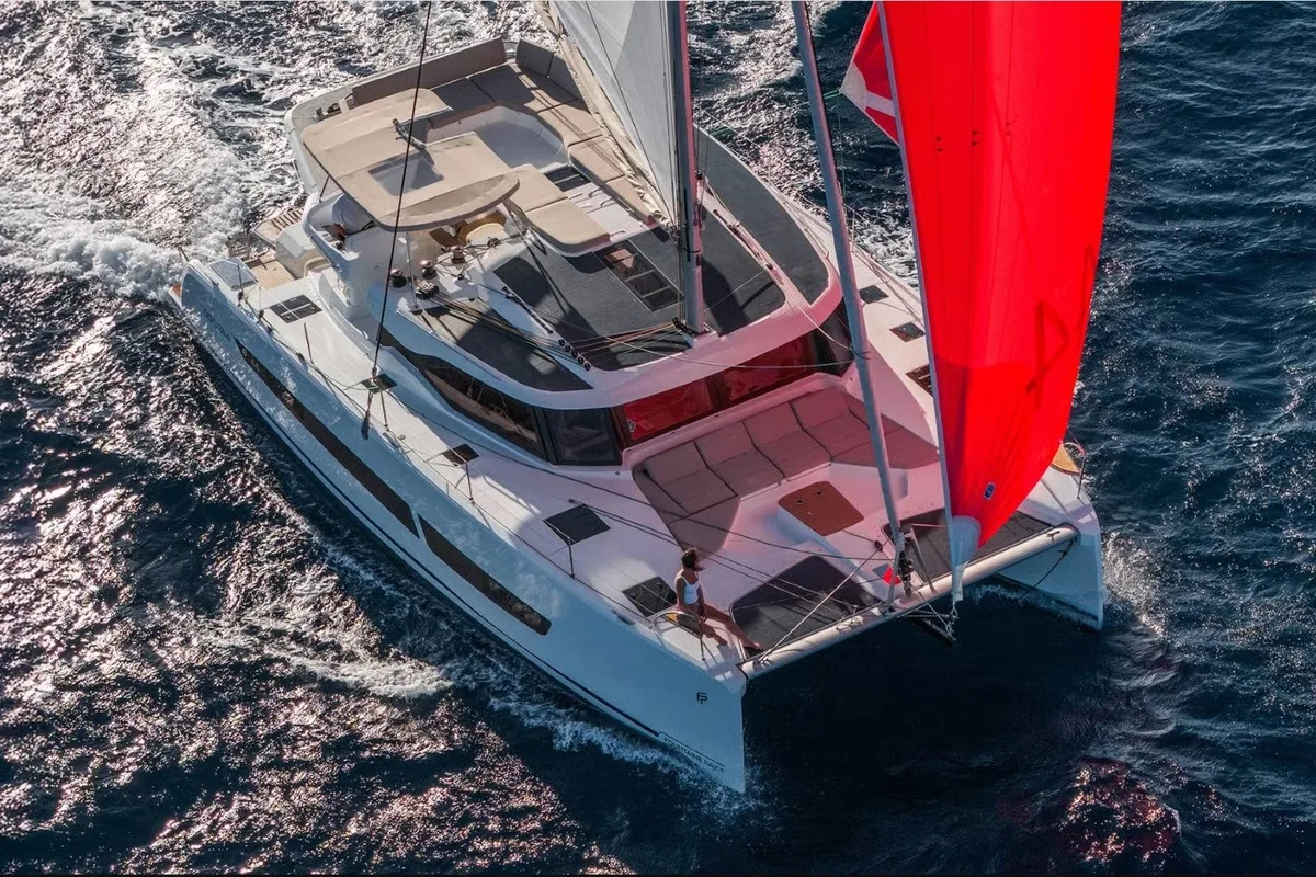 Exterior view of Sofija, a Fountaine Pajot FP 44 Quatuor catamaran at Grad Pula, Croatia