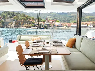 Deck of Nereides II, a Bali Catsmart catamaran at Saint-Mandrier-sur-Mer, France