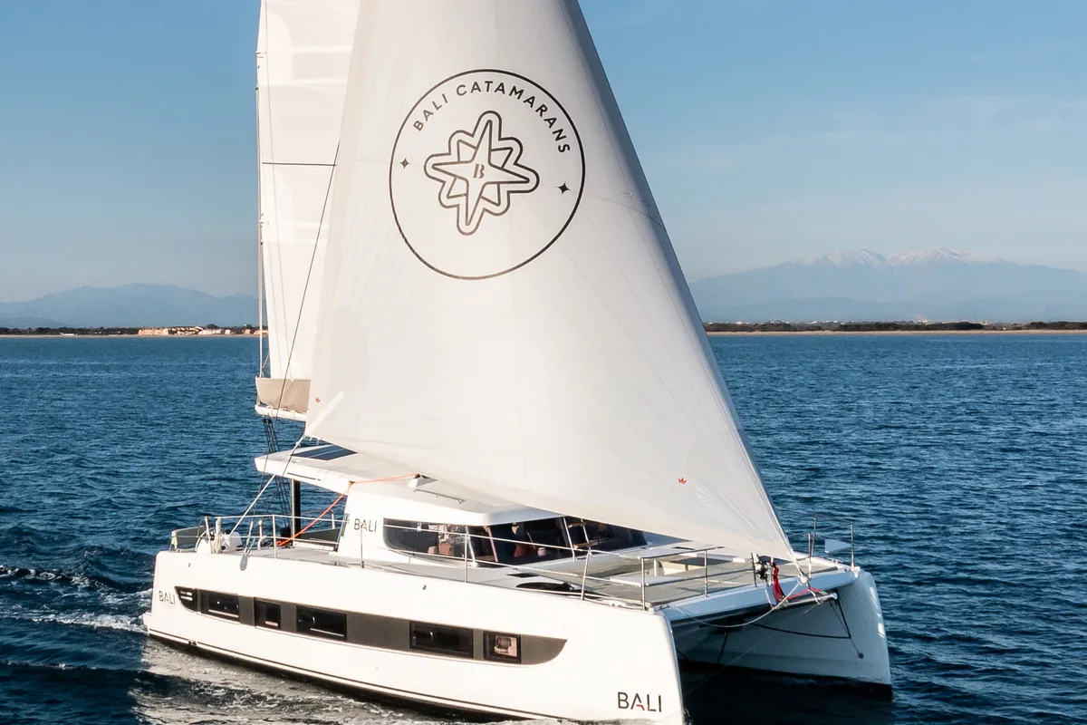 Exterior view of Nereides II, a Bali Catsmart catamaran at Saint-Mandrier-sur-Mer, France