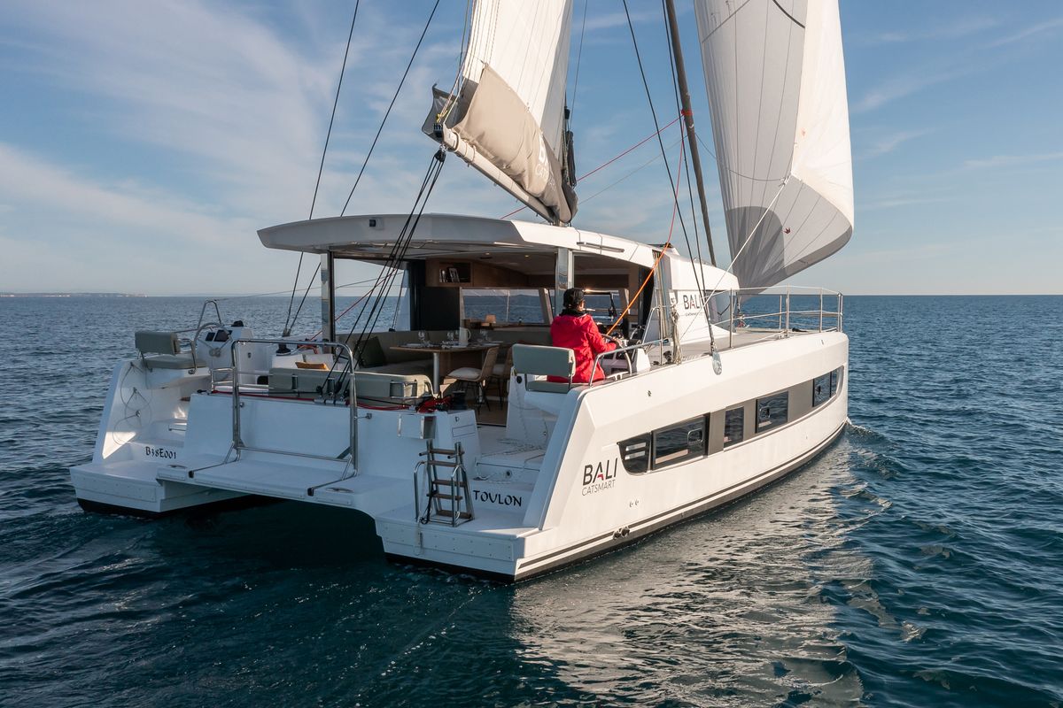 Exterior view of Nereides II, a Bali Catsmart catamaran at Saint-Mandrier-sur-Mer, France