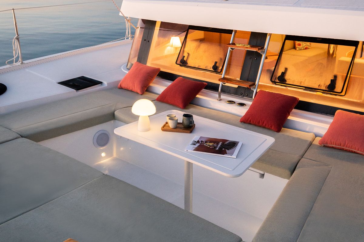 Deck of Nereides II, a Bali Catsmart catamaran at Saint-Mandrier-sur-Mer, France