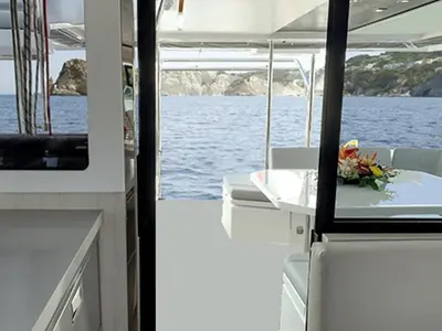 Deck of Sunsail 454L Premium, a Leopard 45 catamaran at Gouvia, Greece