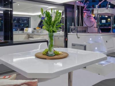Salon of Sunsail 454L Premium, a Leopard 45 catamaran at Gouvia, Greece