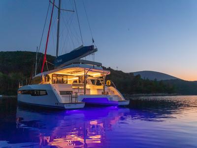 Exterior view of Sunsail 454L Premium, a Leopard 45 catamaran at Gouvia, Greece