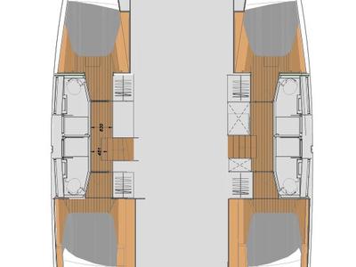 Floor plan of Olympia Athena, a Fountaine Pajot Elba 45 catamaran at Agios Stefanos, Greece