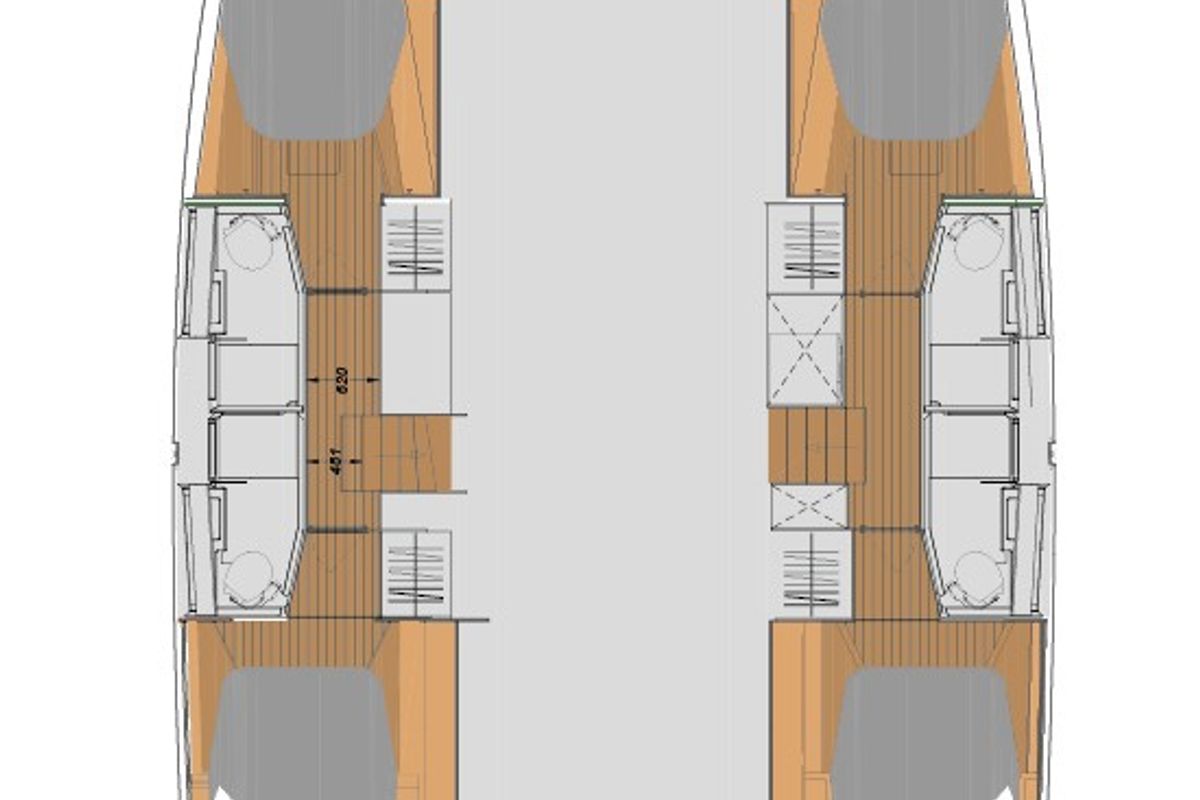 Floor plan of Olympia Athena, a Fountaine Pajot Elba 45 catamaran at Agios Stefanos, Greece