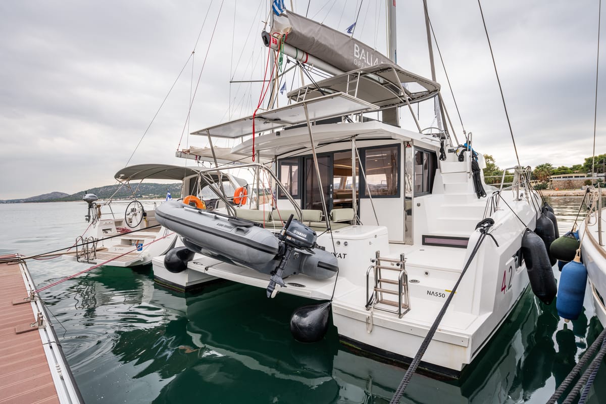 Exterior view of Rubaiyat, a Bali 4.2 catamaran at Municipal Unit of Lefkada, Greece