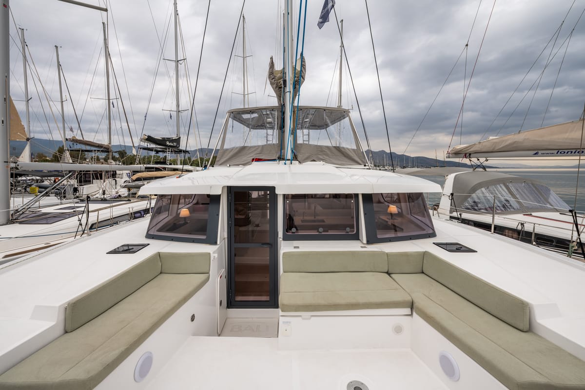Deck of Rubaiyat, a Bali 4.2 catamaran at Municipal Unit of Lefkada, Greece