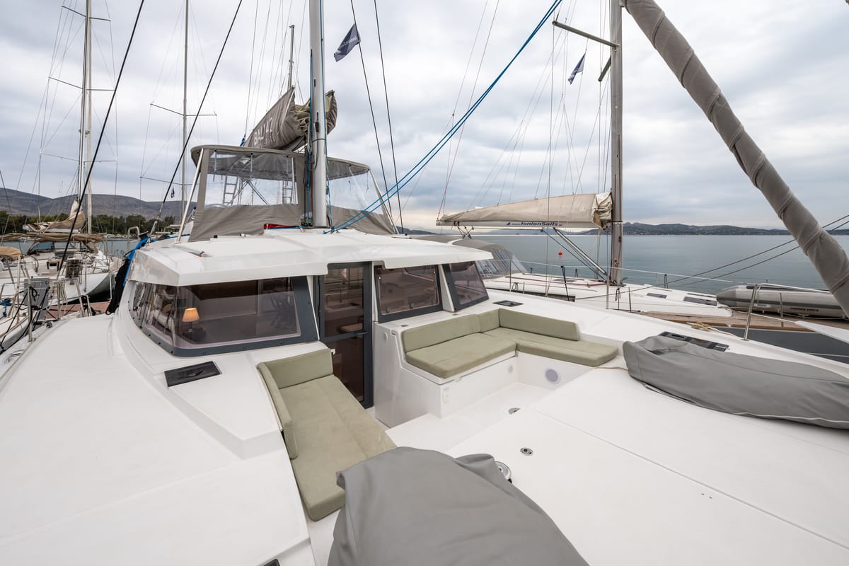 Deck of Rubaiyat, a Bali 4.2 catamaran at Municipal Unit of Lefkada, Greece