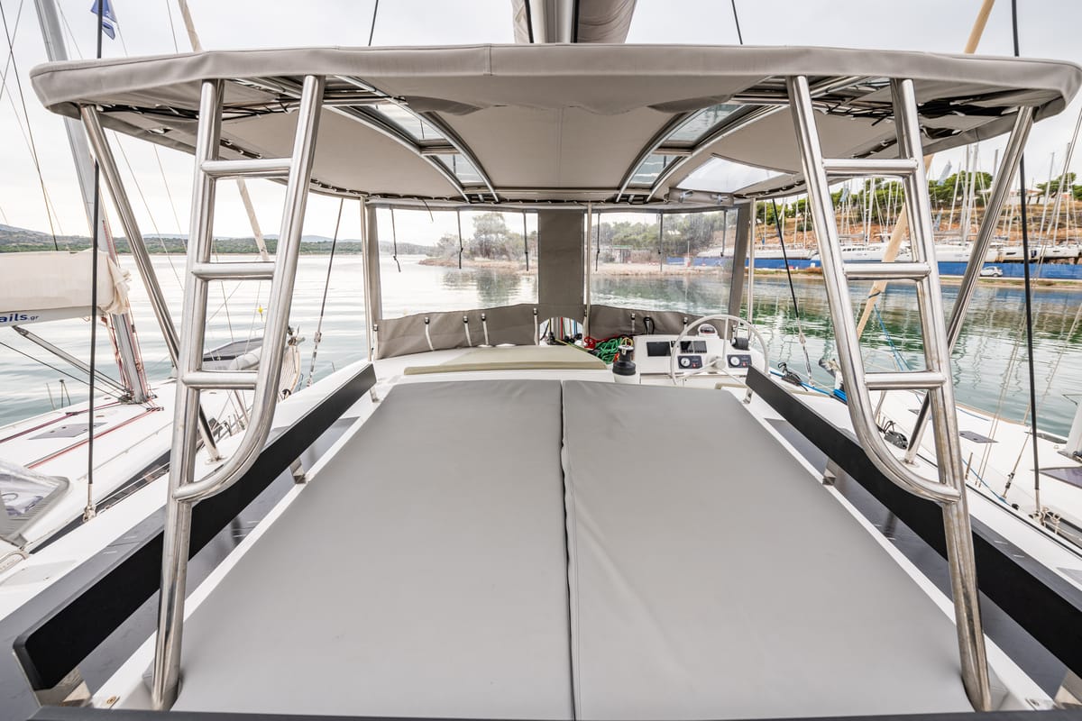 Deck of Rubaiyat, a Bali 4.2 catamaran at Municipal Unit of Lefkada, Greece