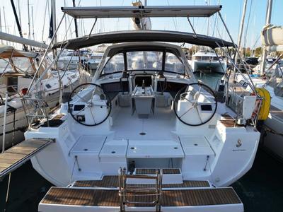 Cockpit of Pherousa, a Beneteau Oceanis 48 sailboat at Lavreotiki Municipal Unit, Greece